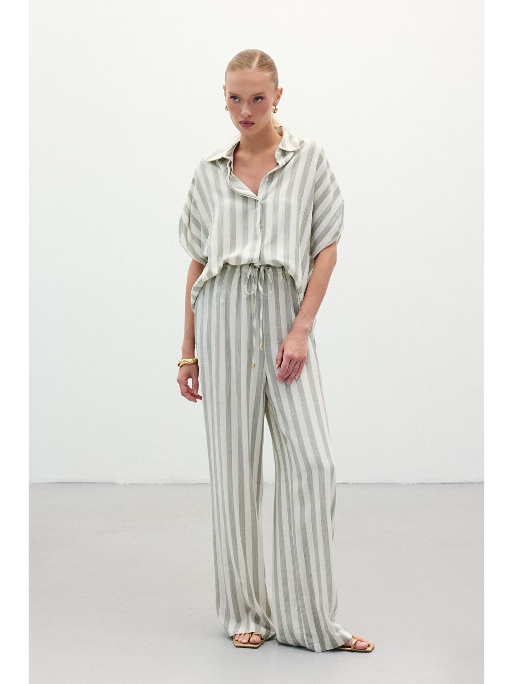 Çizgili Keten Karışımlı Pantolon - Haki