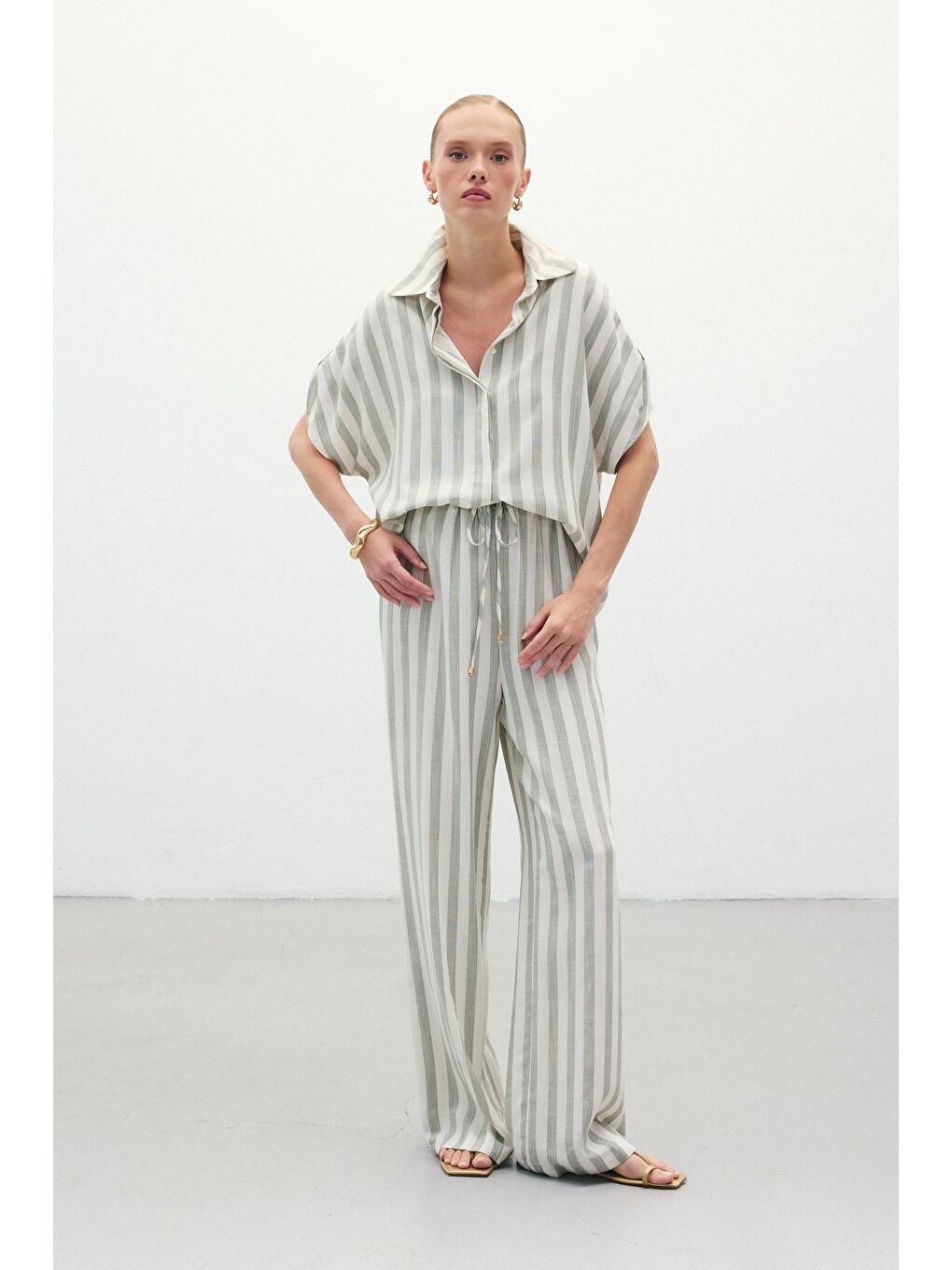 Çizgili Keten Karışımlı Pantolon - Haki-1