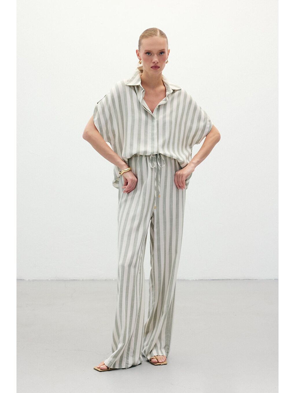 Çizgili Keten Karışımlı Pantolon - Haki-2