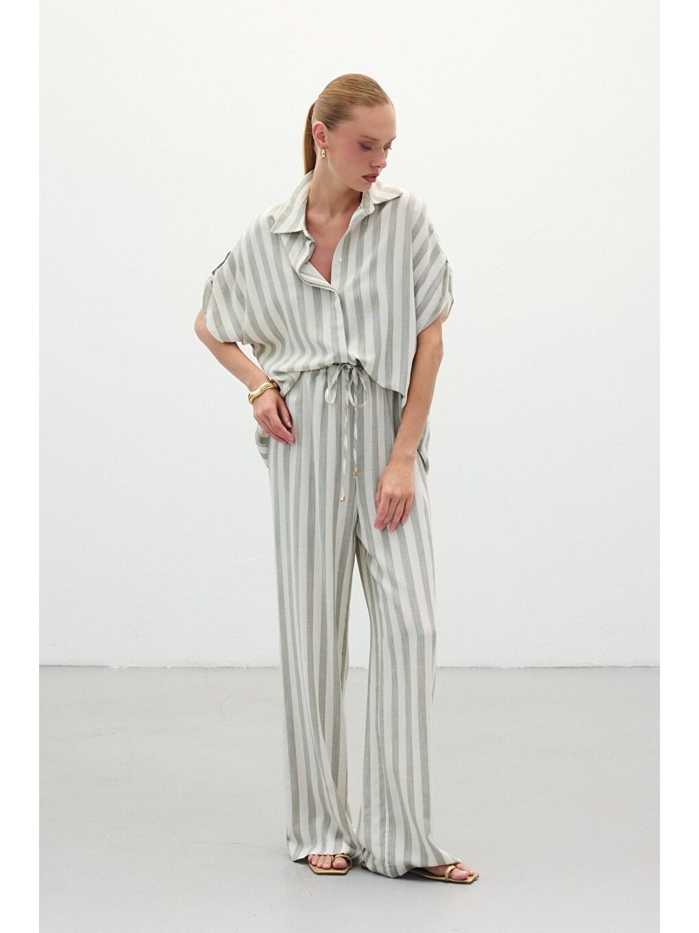 Çizgili Keten Karışımlı Pantolon - Haki-3