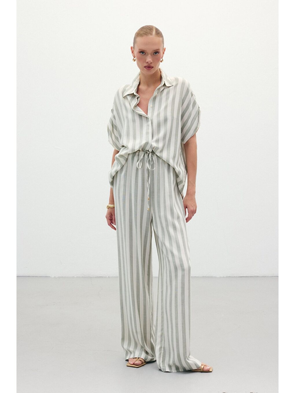 Çizgili Keten Karışımlı Pantolon - Haki-4