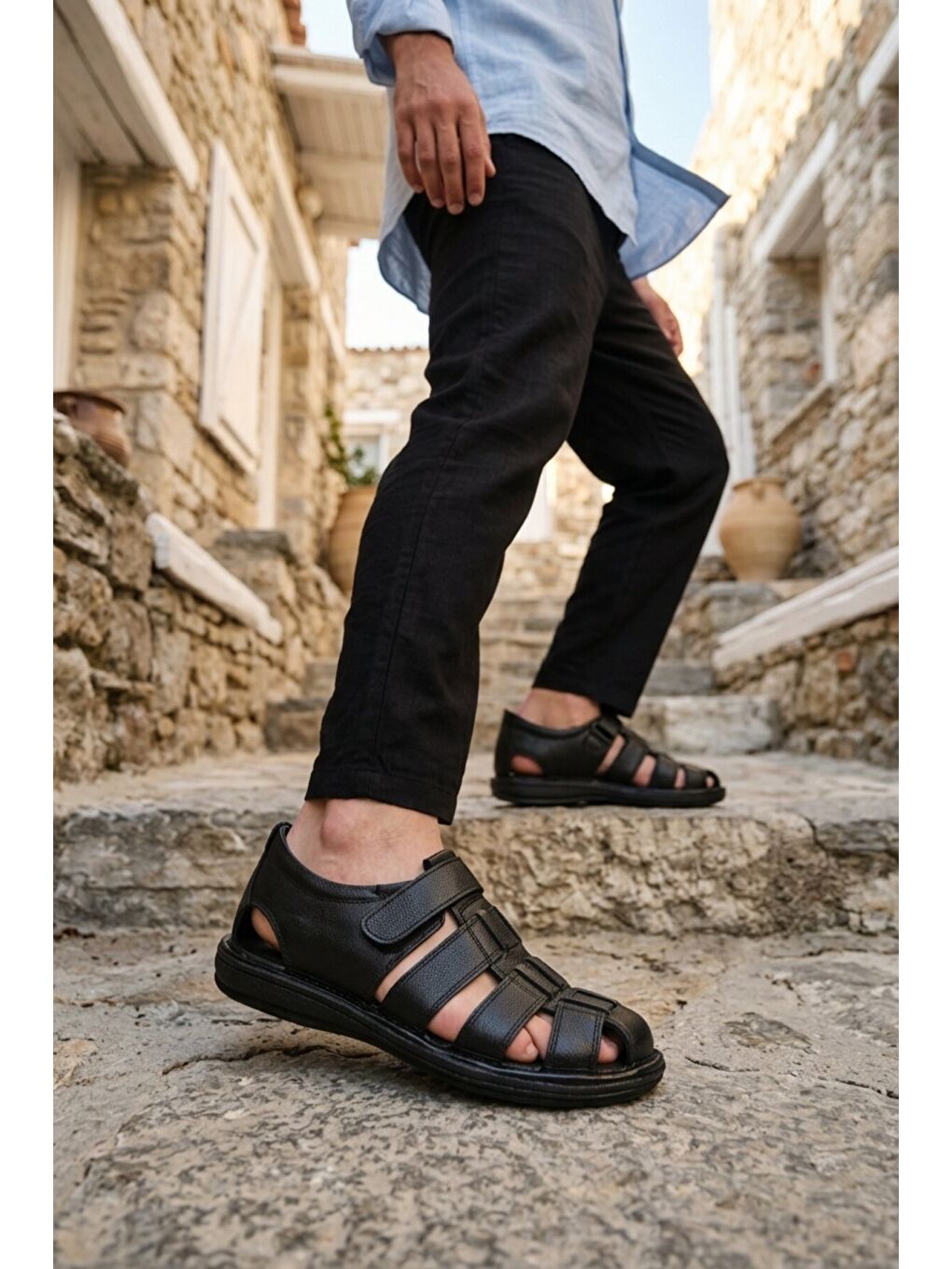 Siyah Hakiki Deri Erkek Sandalet 8520 M-2