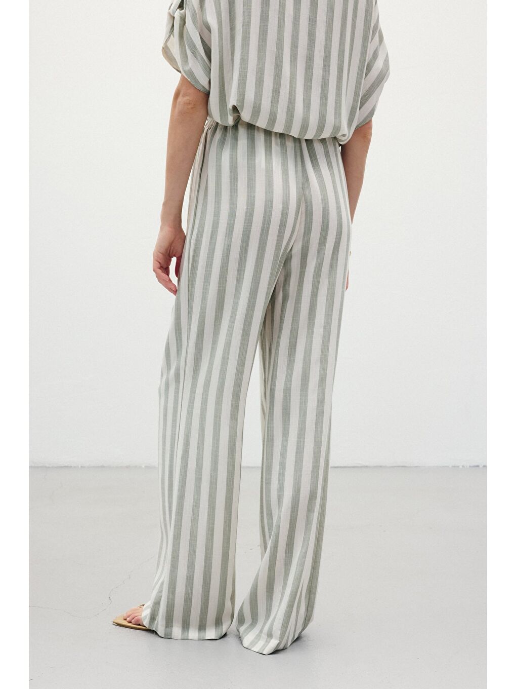 Çizgili Keten Karışımlı Pantolon - Haki-7