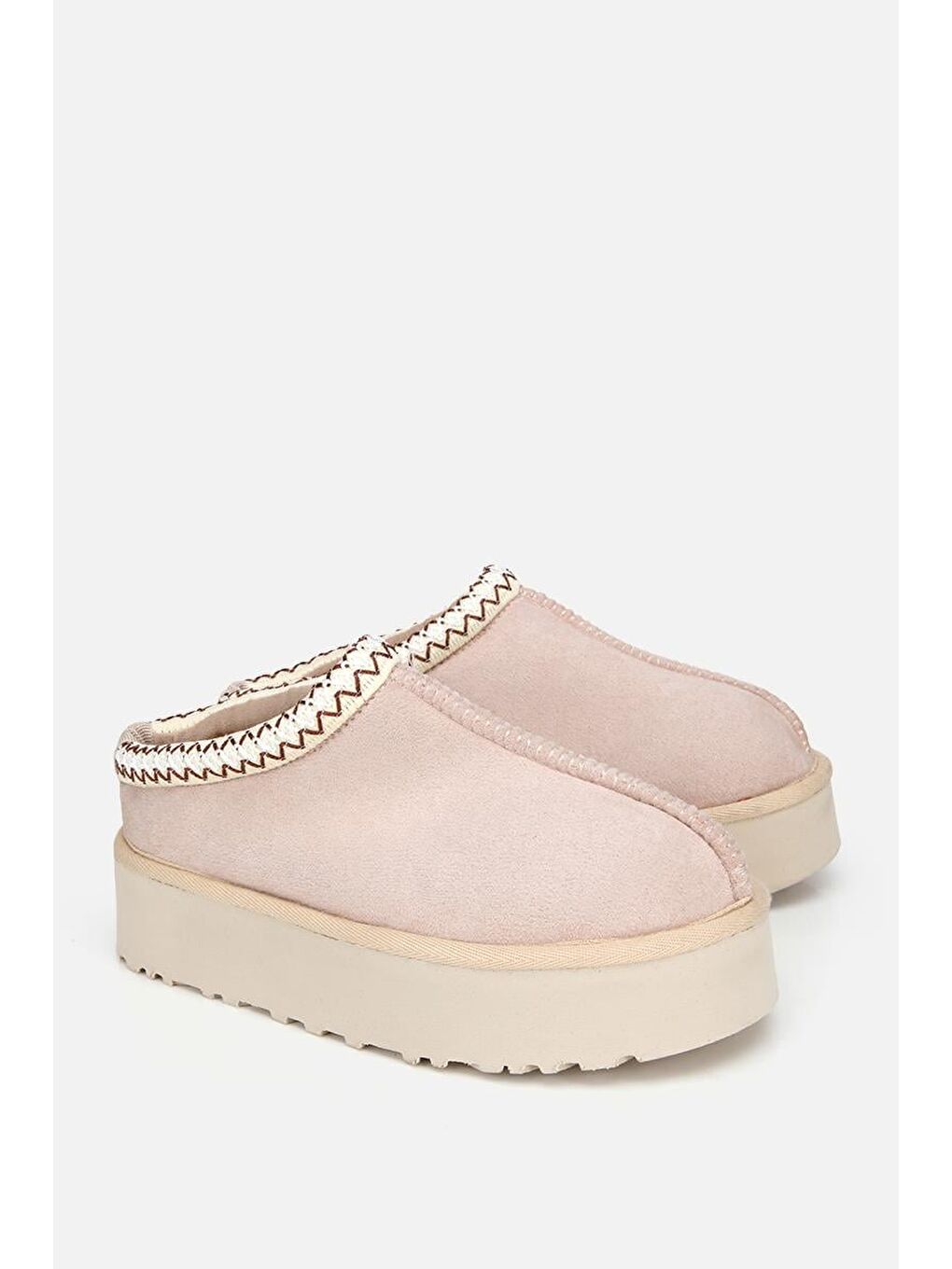 Kadın Süet Bej Dikiş Detaylı İçi Kürklü Yüksek Tabanlı Yarım Bot Terlik-1