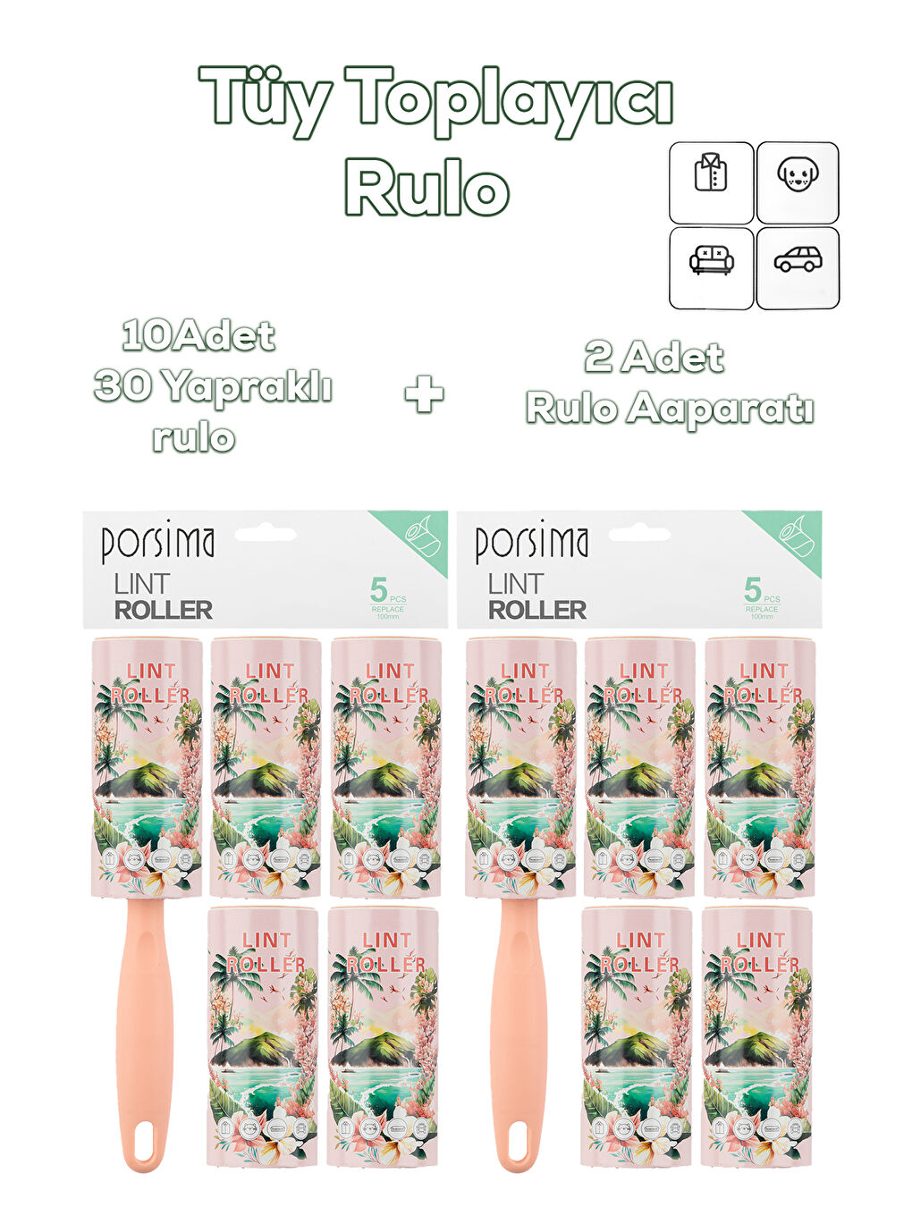 3106 Kedi Köpek Tüy Toplayıcı Rulo 10 Adet Rulo 2 Adet Tutma Aparatı Toplam 300 Yaprak Somon