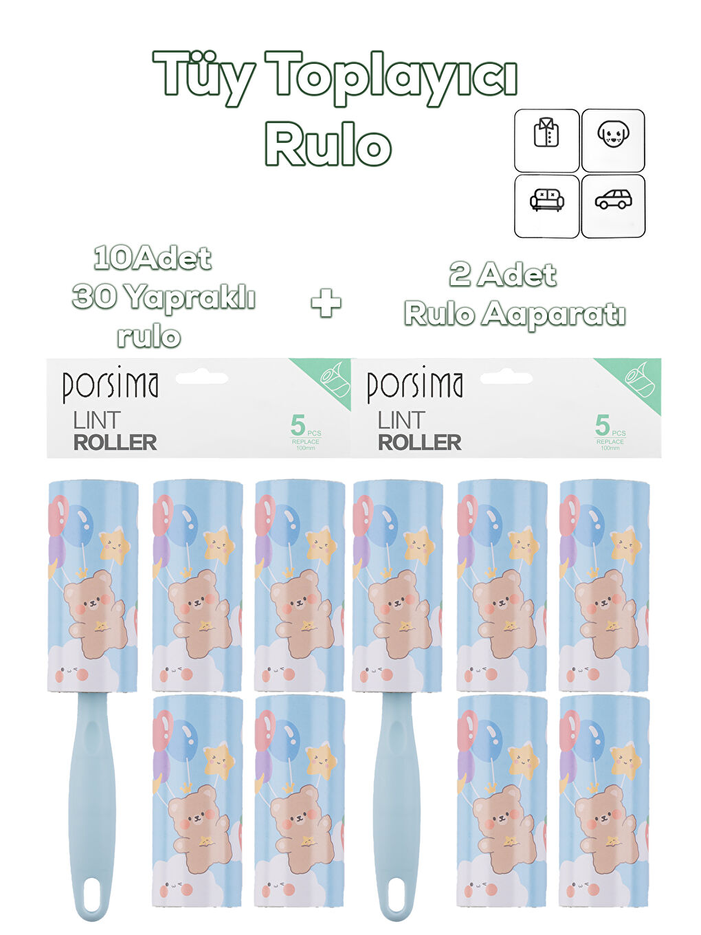 3105 Kedi Köpek Tüy Toplayıcı Rulo 10 Adet Rulo 2 Adet Tutma Aparatı Toplam 300 Yaprak Mavi