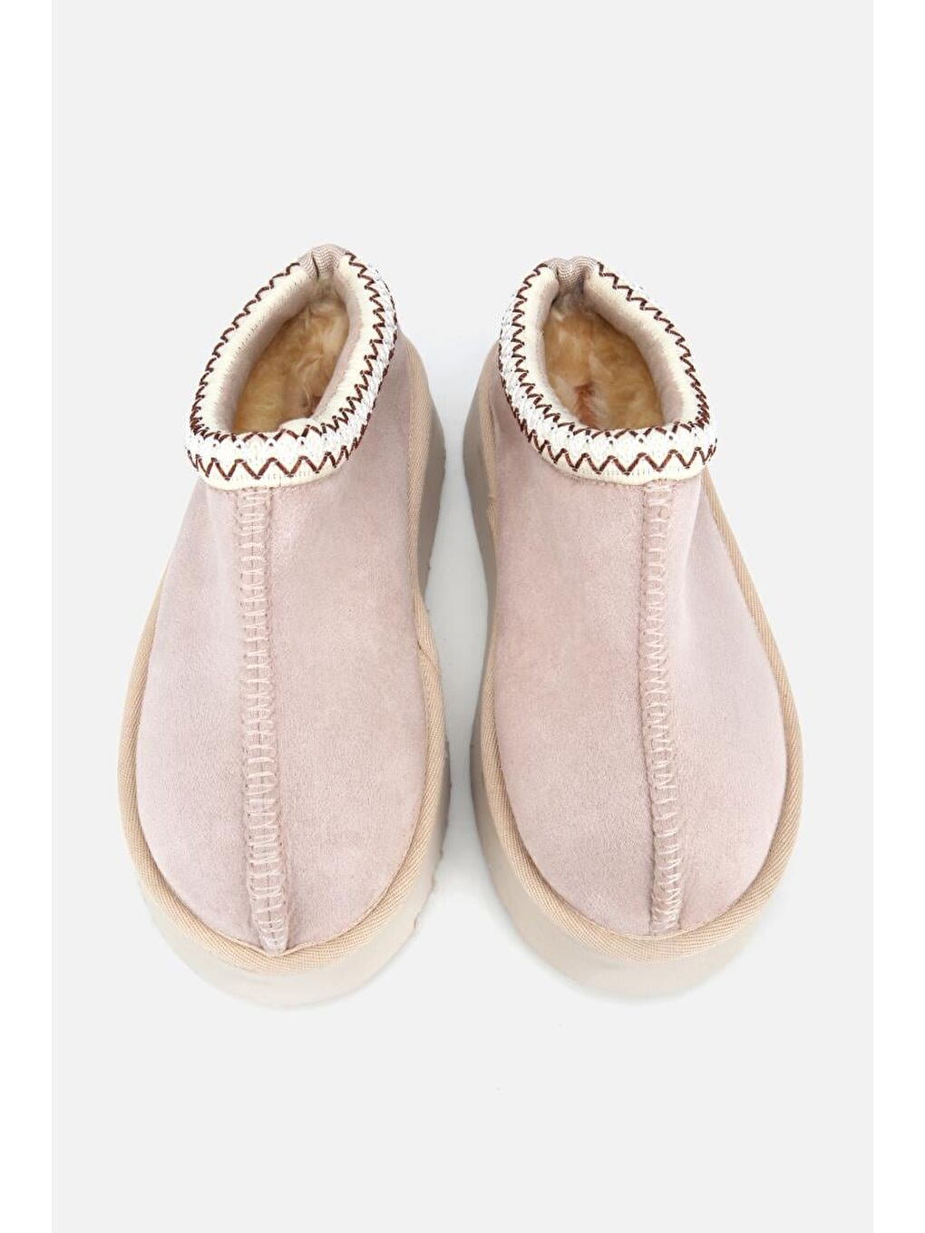 Kadın Süet Bej Dikiş Detaylı İçi Kürklü Yüksek Tabanlı Yarım Bot Terlik-5