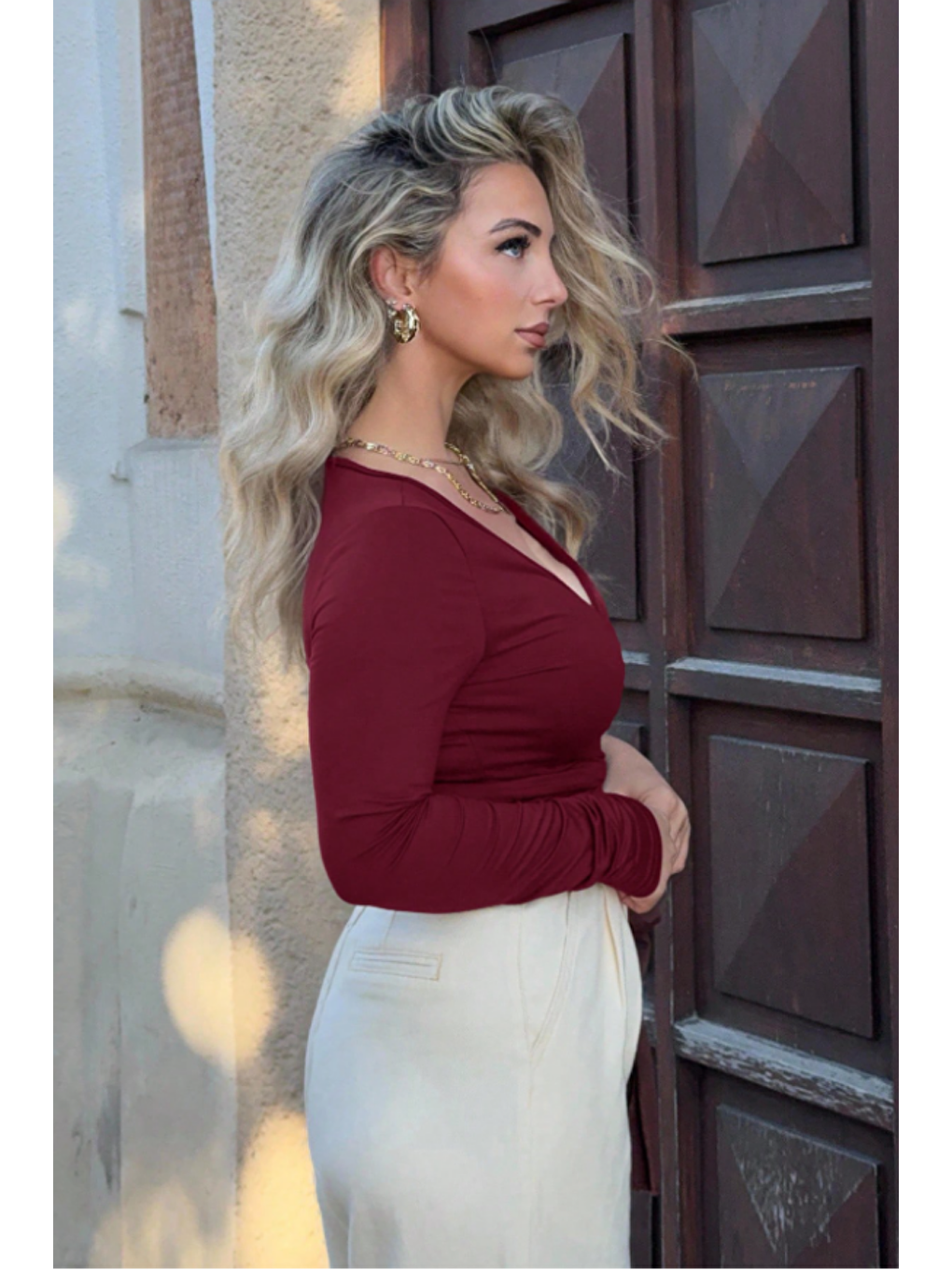 Kadın Bordo Kruvaze Yaka Uzun Kollu Bağlamalı Slim Fit Bluz-3