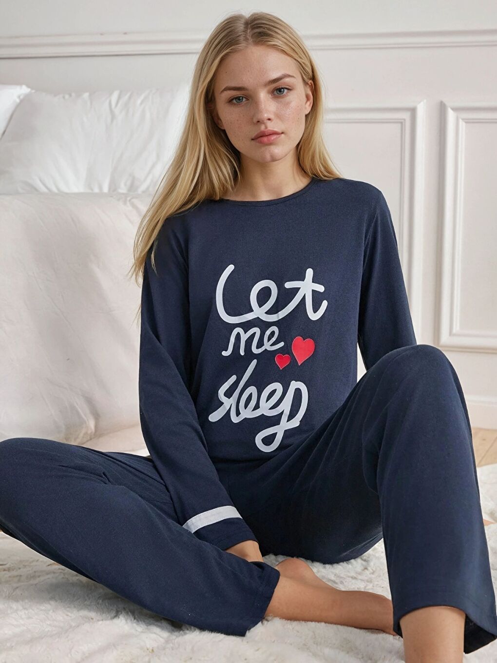 Lacivert Baskılı Uzun Kollu Pijama Takımı