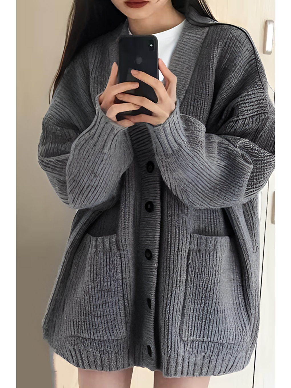 Gri Kadın Füme Oversize Cepli Düğmeli V Yaka Triko Hırka-3