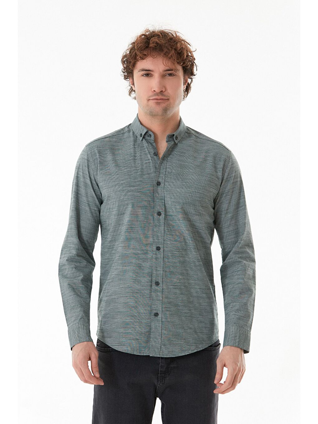 Haki Çizgili Düğmeli Gömlek