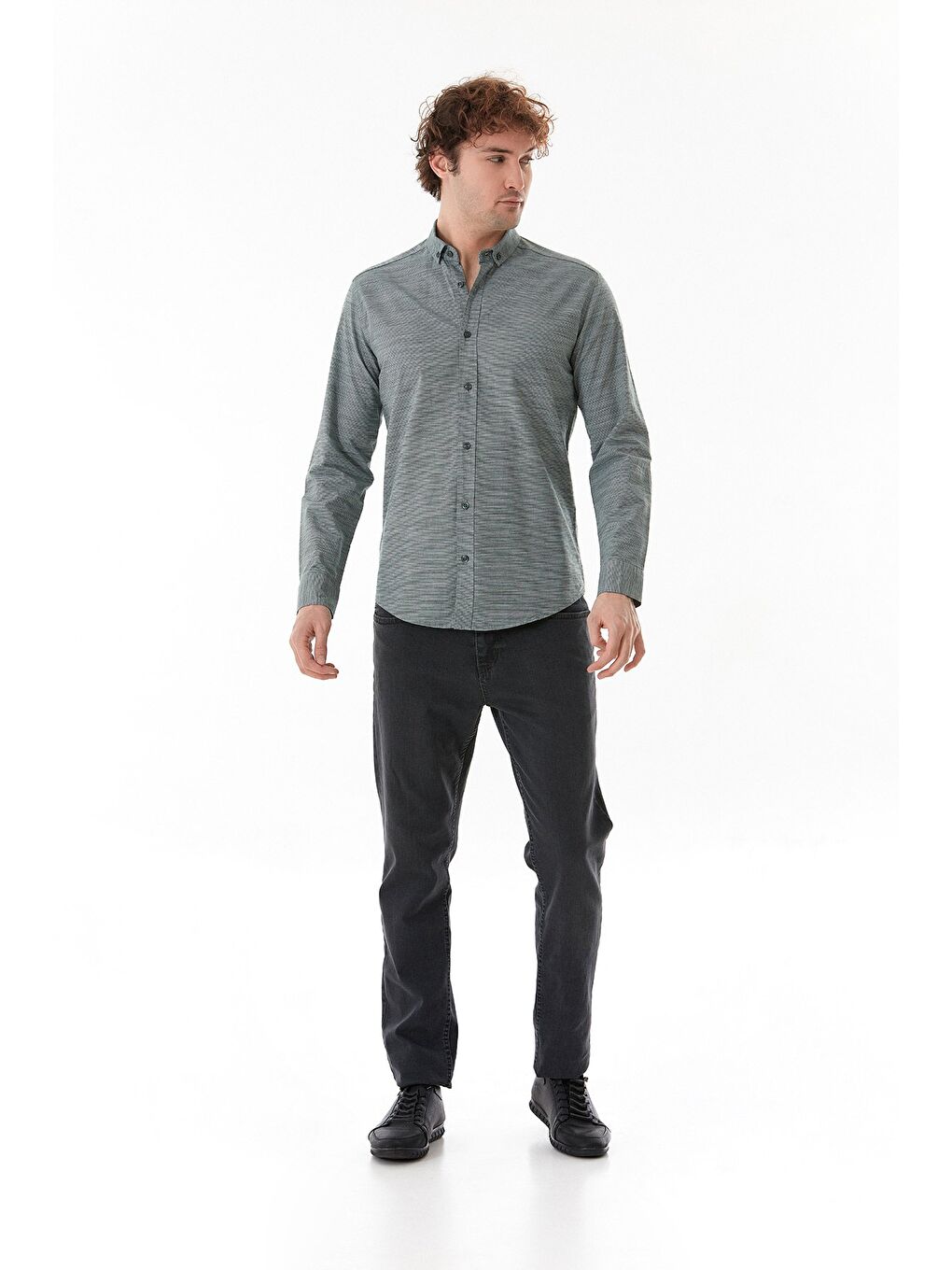 Haki Çizgili Düğmeli Gömlek-1