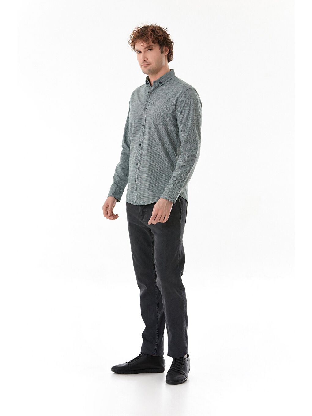 Haki Çizgili Düğmeli Gömlek-4