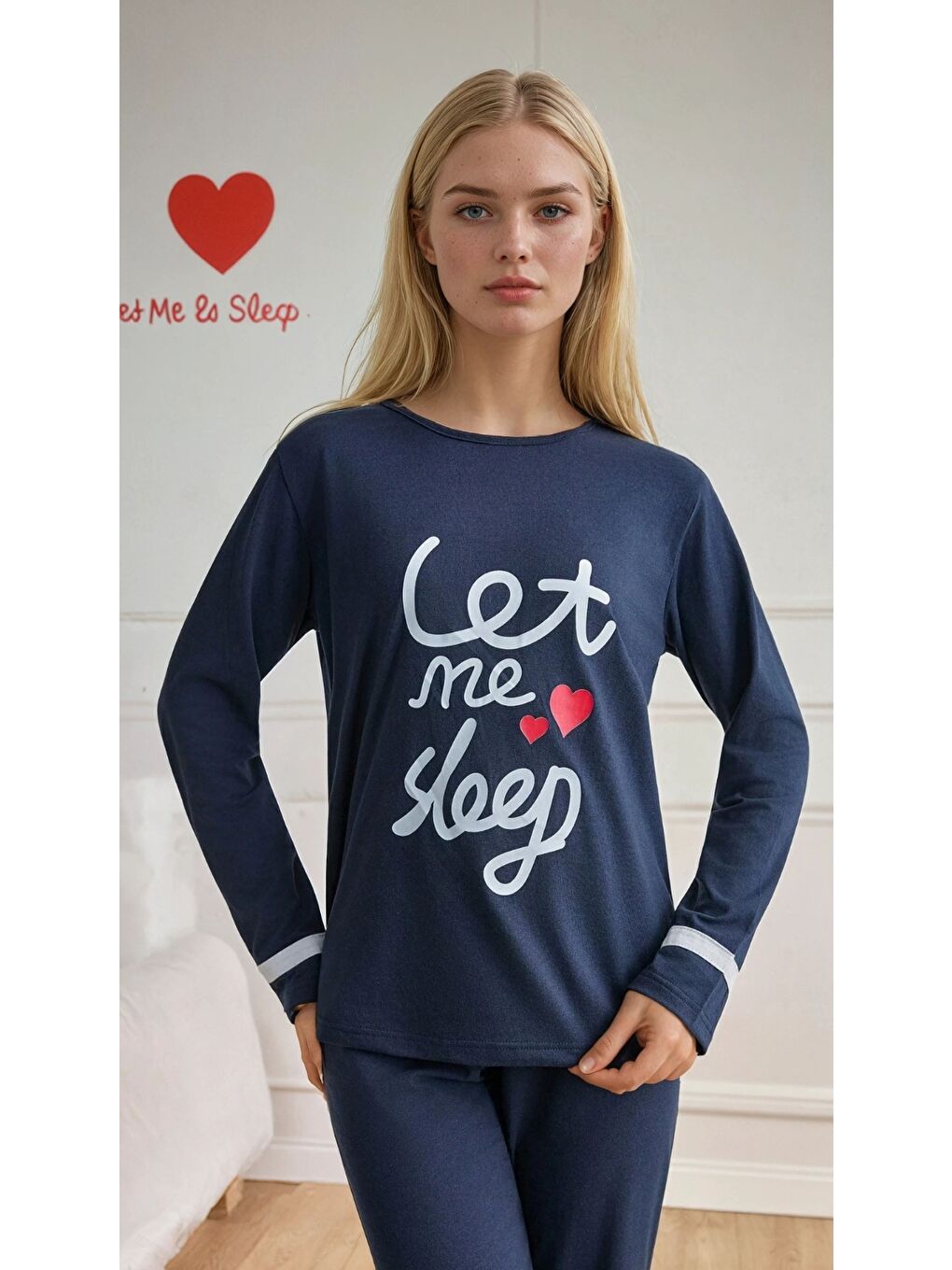 Lacivert Baskılı Uzun Kollu Pijama Takımı-1