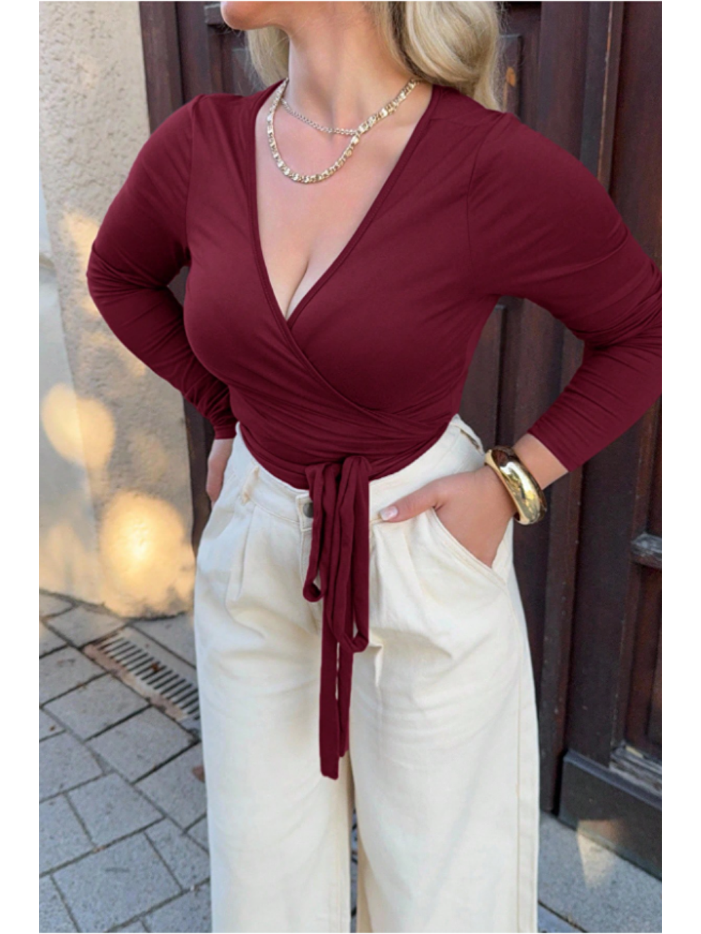 Kadın Bordo Kruvaze Yaka Uzun Kollu Bağlamalı Slim Fit Bluz-4