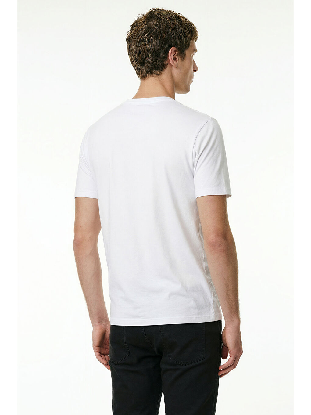 Erkek Beyaz Pamuklu Slim Fit Dar Kesim Bisiklet Yaka Esnek Tişört-3