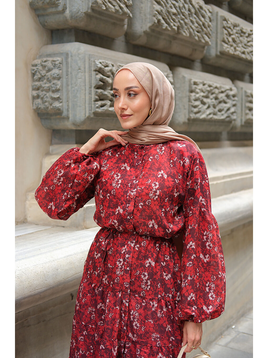 Kadın Çiçek Desen Elbise Bordo-1