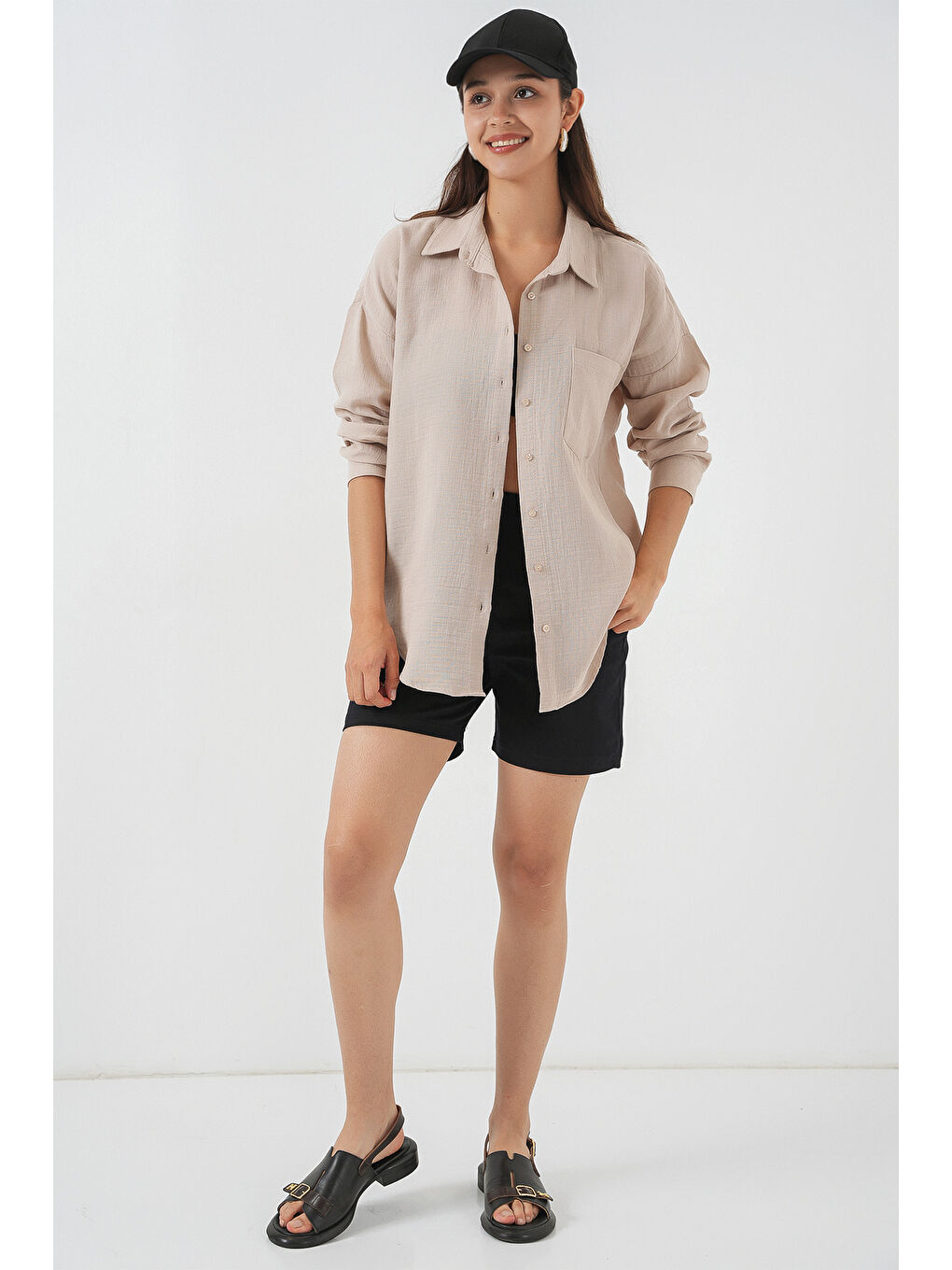 Bej Kadın Tek Cepli Oversize Müslin Gömlek 20353 - Taş-1