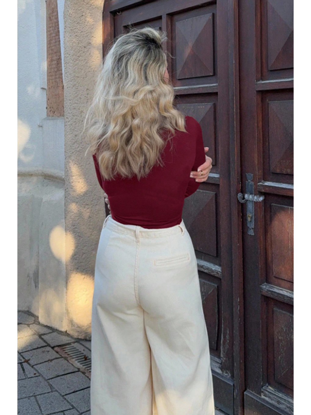 Kadın Bordo Kruvaze Yaka Uzun Kollu Bağlamalı Slim Fit Bluz-5