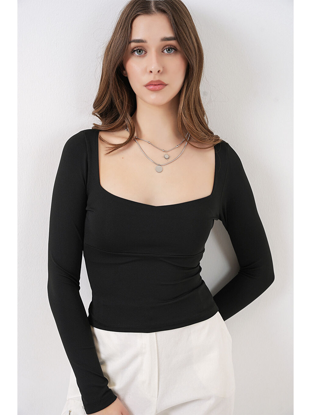 Kadın Kare Yaka Slim Fit Bluz 986 - Siyah