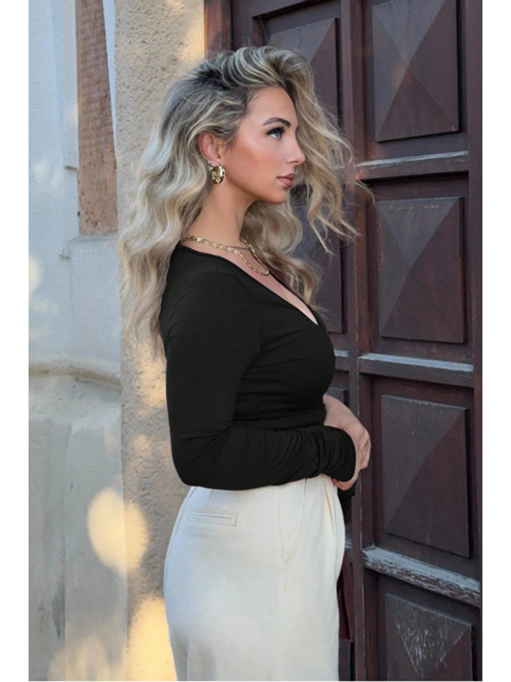 Kadın Siyah Kruvaze Yaka Uzun Kollu Bağlamalı Slim Fit Bluz-3