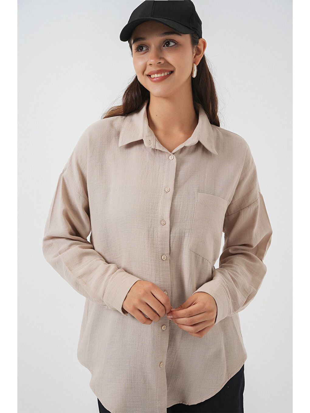 Bej Kadın Tek Cepli Oversize Müslin Gömlek 20353 - Taş-2