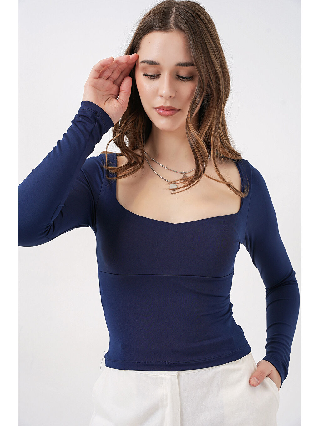 Kadın Kare Yaka Slim Fit Bluz 986 - Lacivert