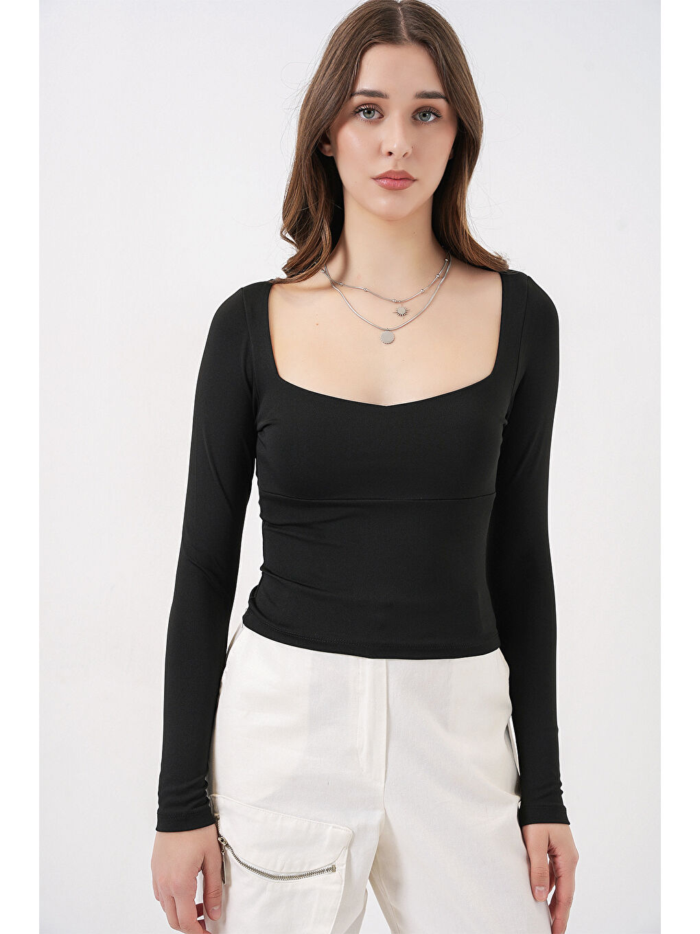 Kadın Kare Yaka Slim Fit Bluz 986 - Siyah-1