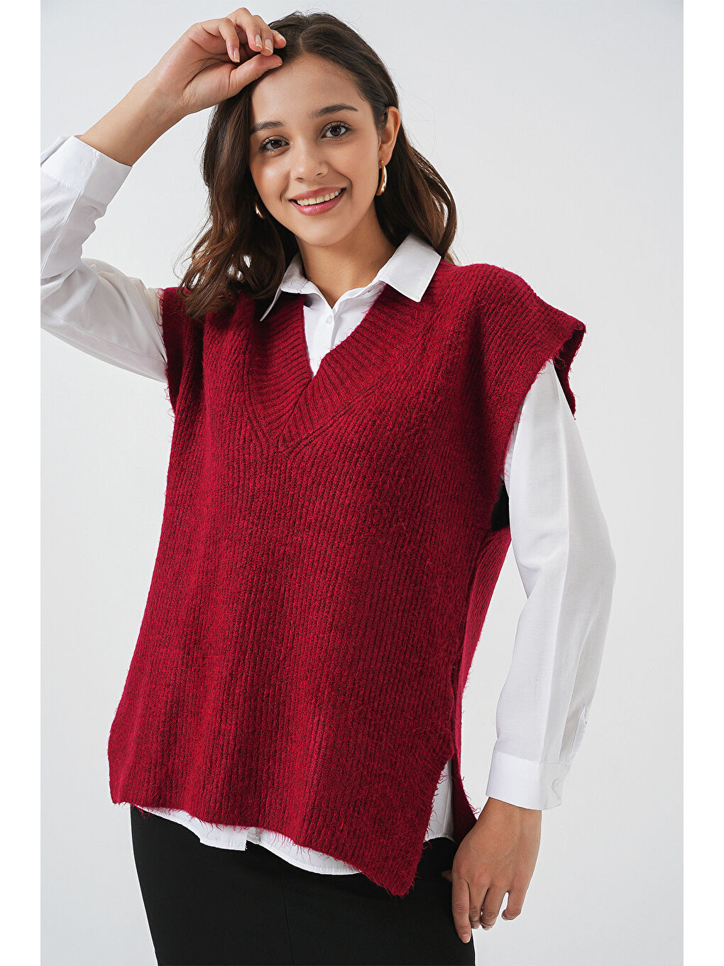 Kadın V Yaka Triko Süveter 15925 - Bordo