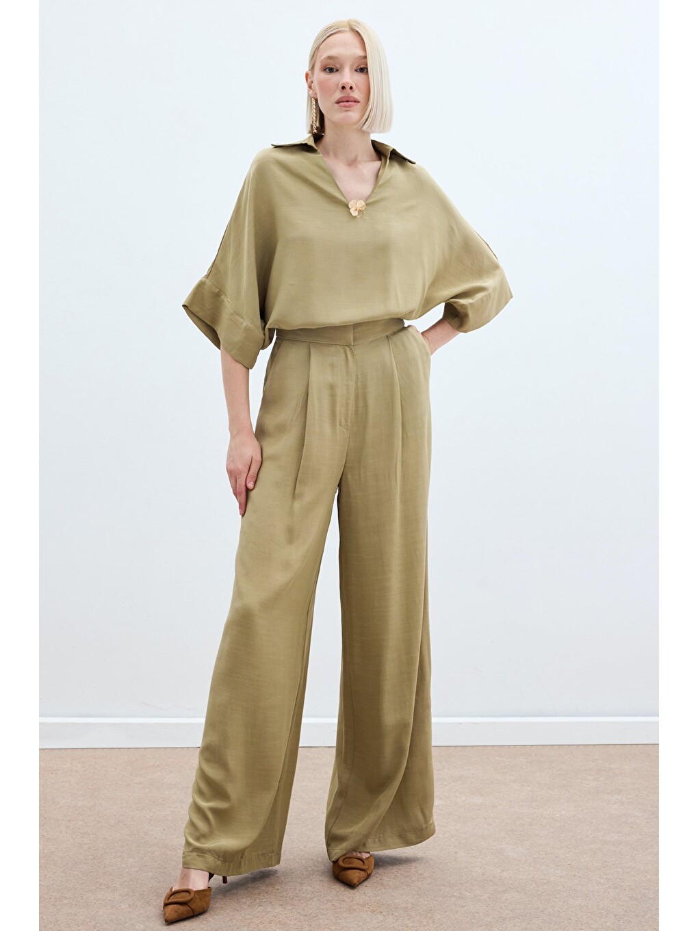 Keten Karışımlı Pantolon - Haki-2