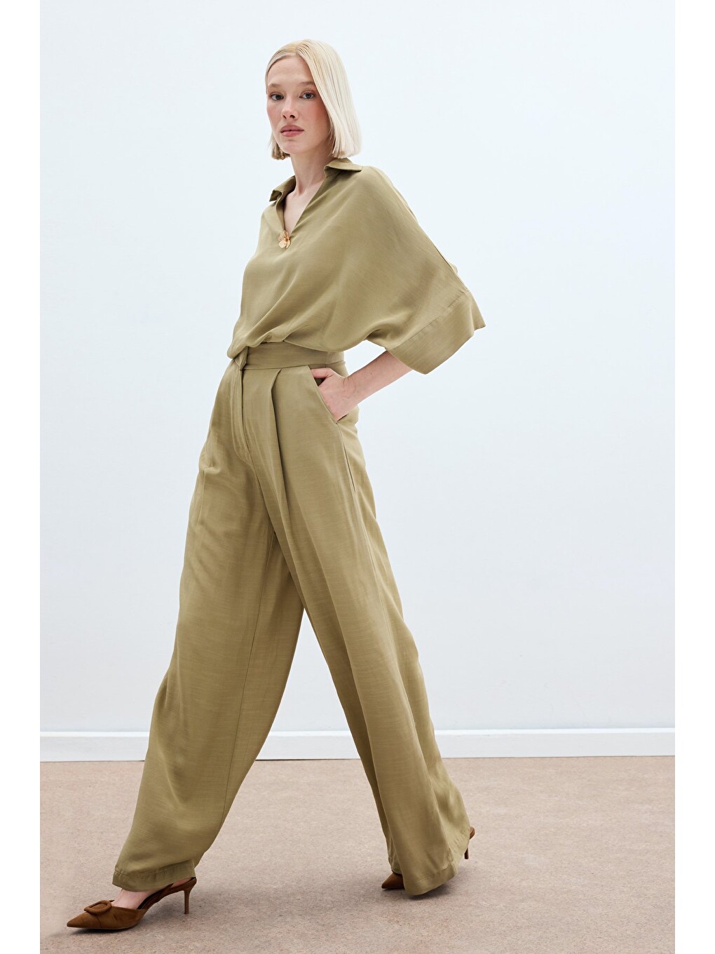 Keten Karışımlı Pantolon - Haki-3