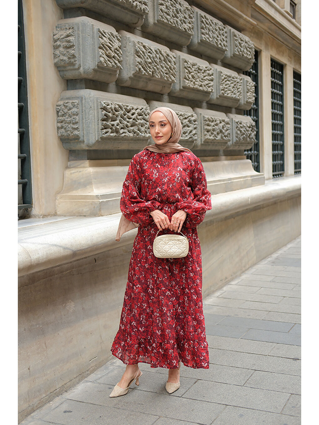 Kadın Çiçek Desen Elbise Bordo-2