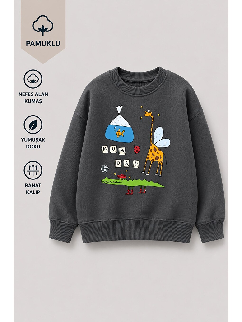 Antrasit Erkek Çocuk 3 İplik Kumaş Zürafa Baskılı Pamuklu Sweatshirt-1