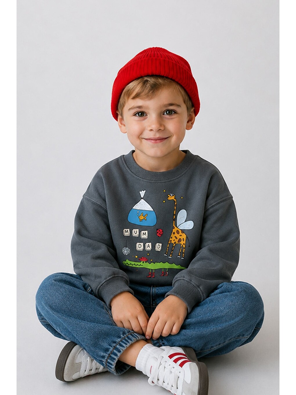 Antrasit Erkek Çocuk 3 İplik Kumaş Zürafa Baskılı Pamuklu Sweatshirt-2