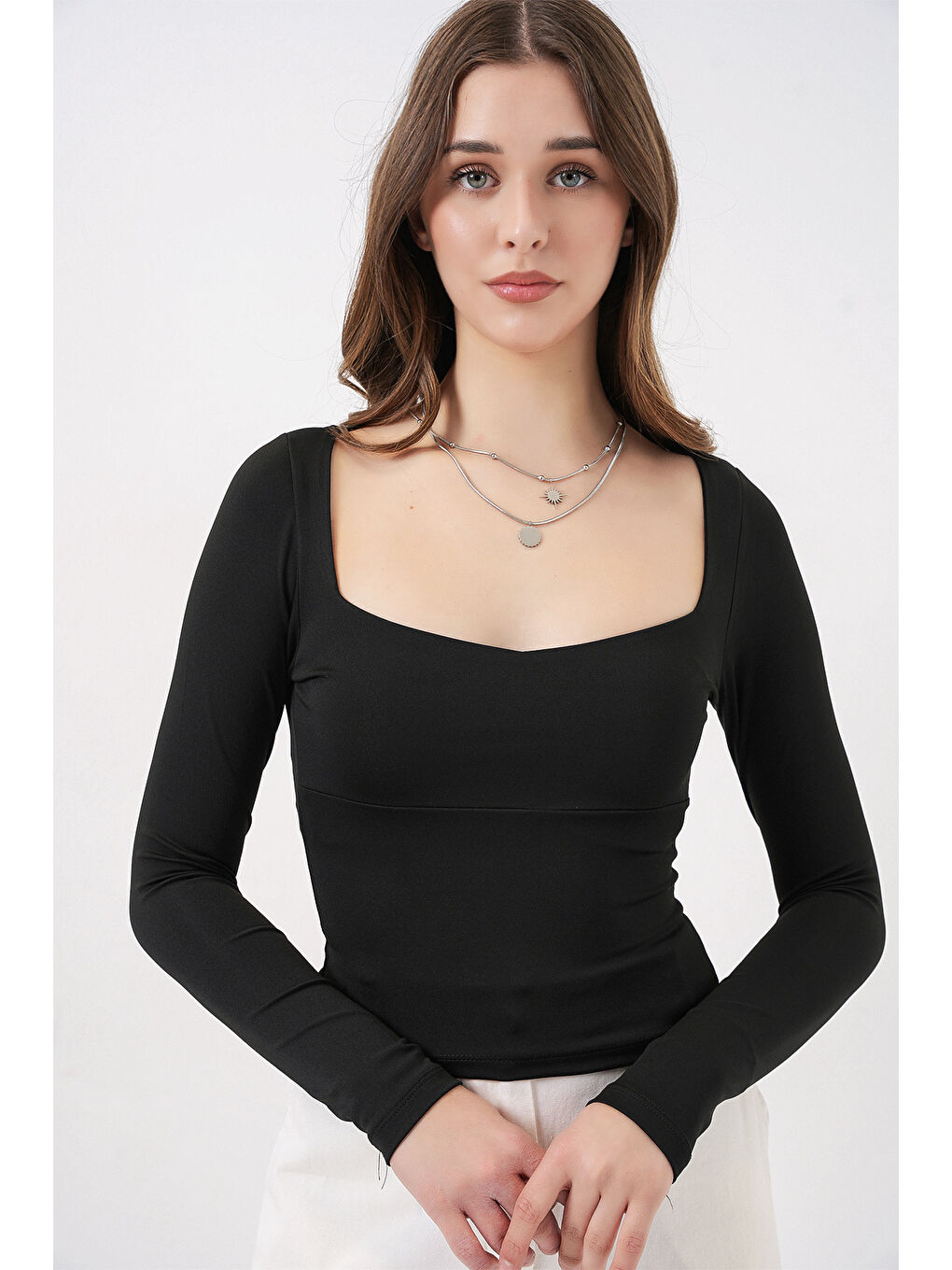 Kadın Kare Yaka Slim Fit Bluz 986 - Siyah-3