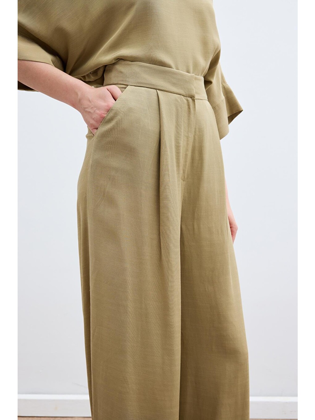 Keten Karışımlı Pantolon - Haki-4