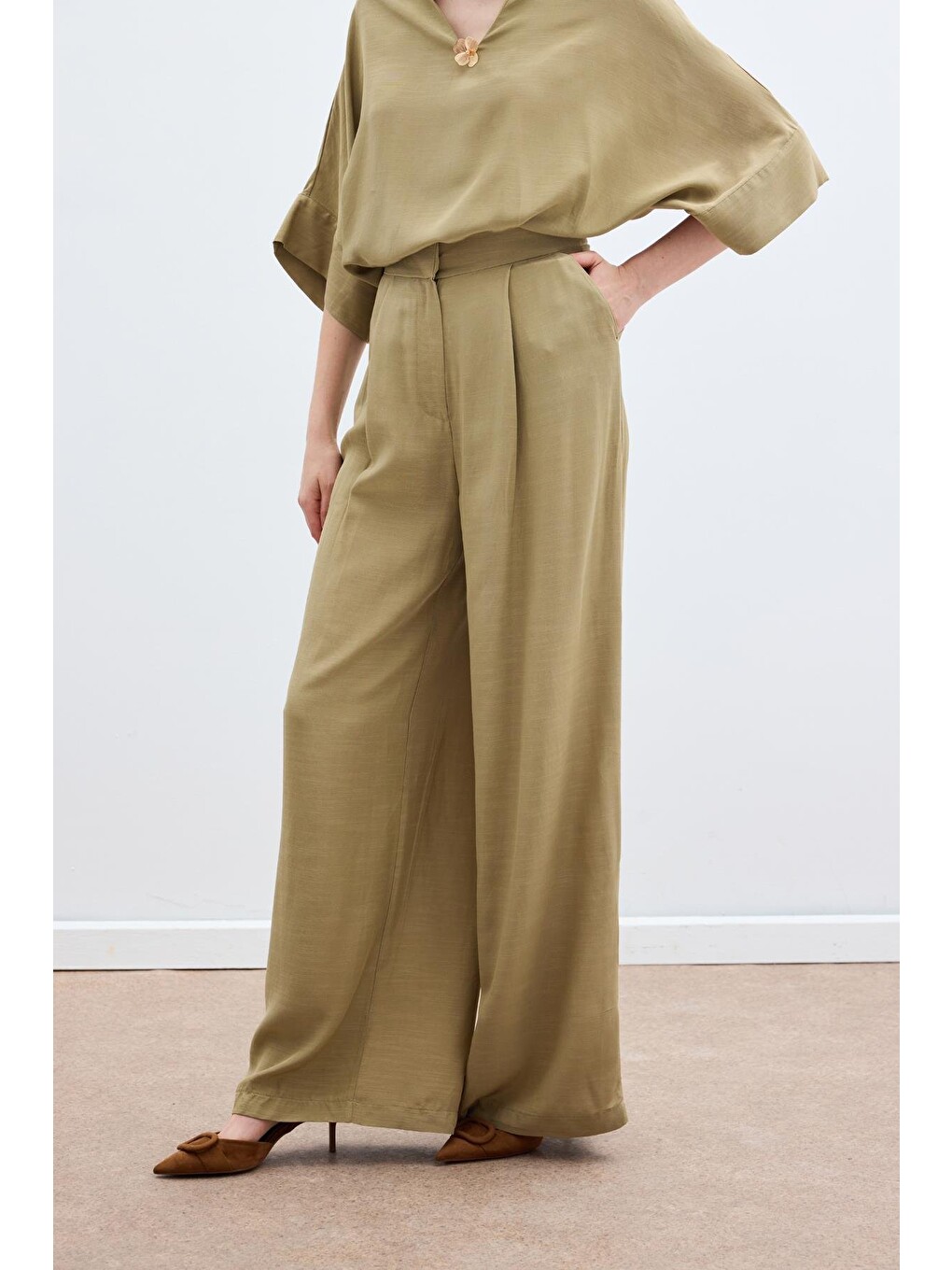 Keten Karışımlı Pantolon - Haki-5