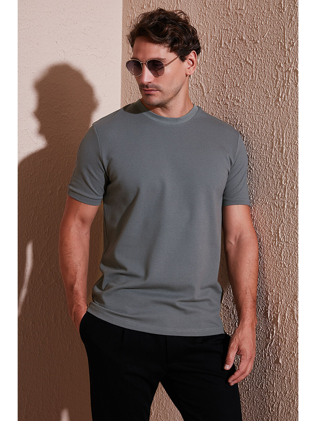 Haki Streç Pamuklu Slim Fit Sıfır Yaka Tişört 5902639