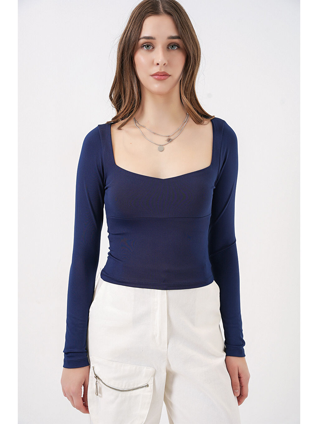 Kadın Kare Yaka Slim Fit Bluz 986 - Lacivert-1