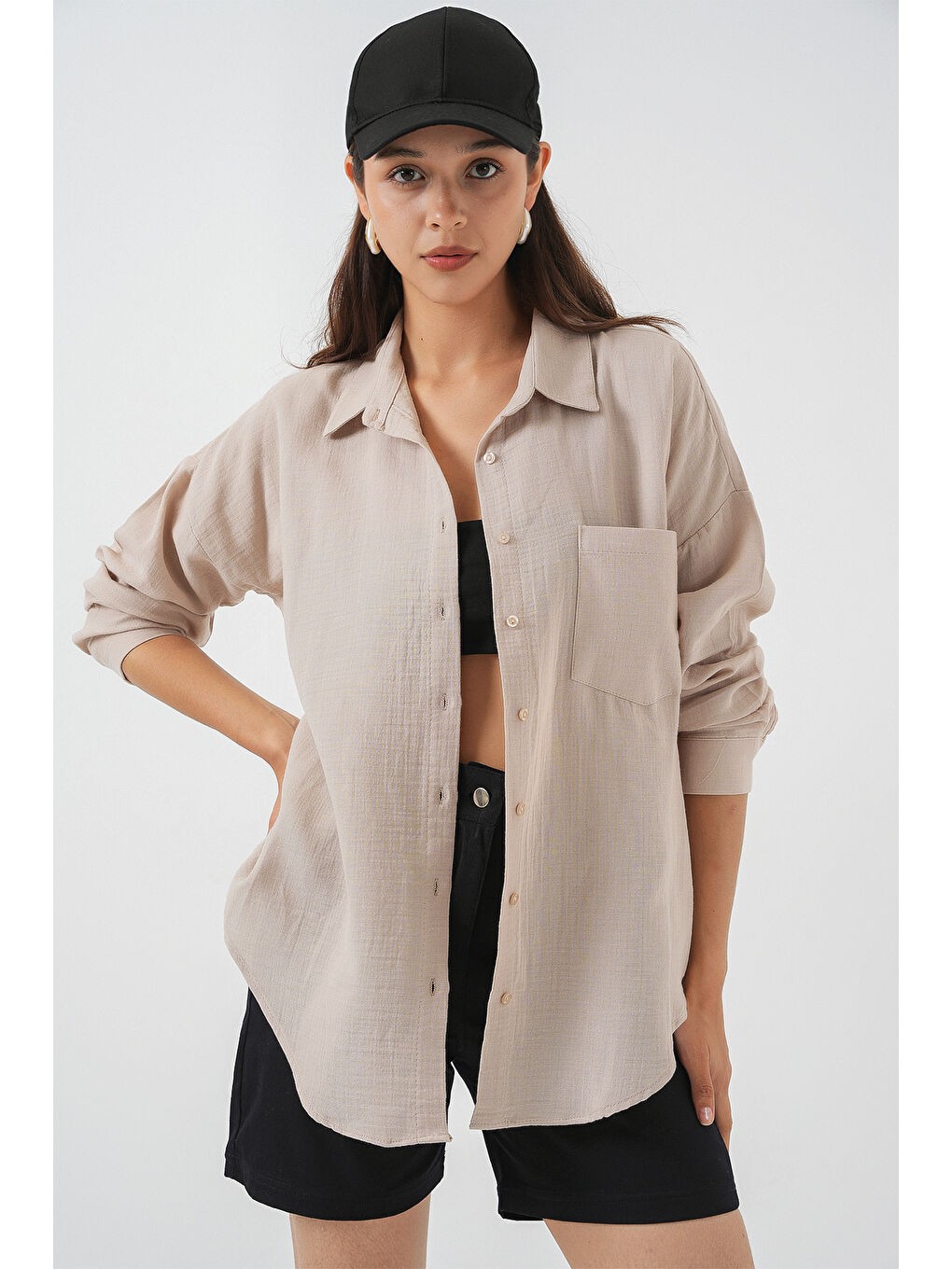 Bej Kadın Tek Cepli Oversize Müslin Gömlek 20353 - Taş-3