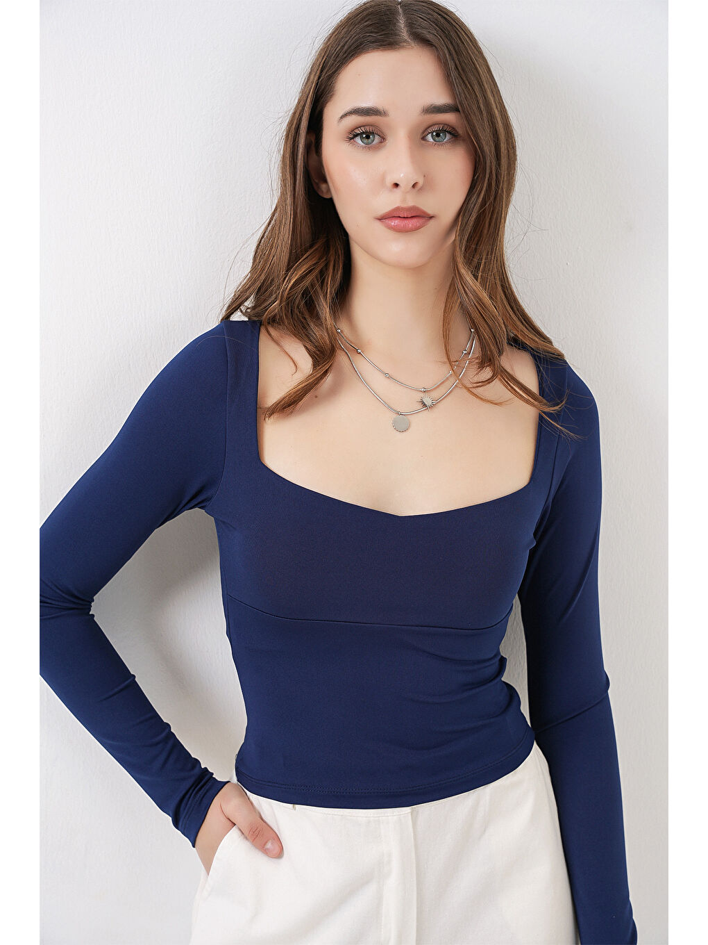Kadın Kare Yaka Slim Fit Bluz 986 - Lacivert-2