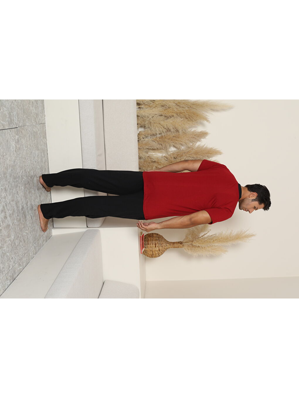 Erkek Bordo %100 Organik Doğal Pamuk Yüksek Kalite Düğmeli Kısa Kollu Pijama Takımı-2