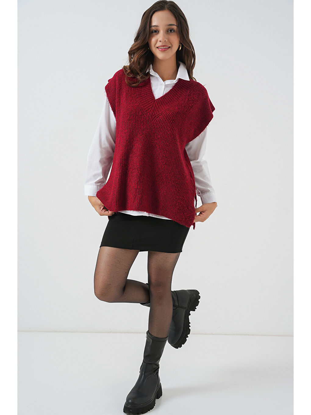 Kadın V Yaka Triko Süveter 15925 - Bordo-1