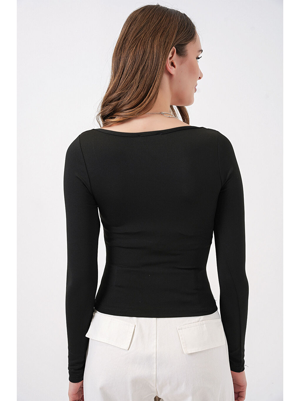 Kadın Kare Yaka Slim Fit Bluz 986 - Siyah-5