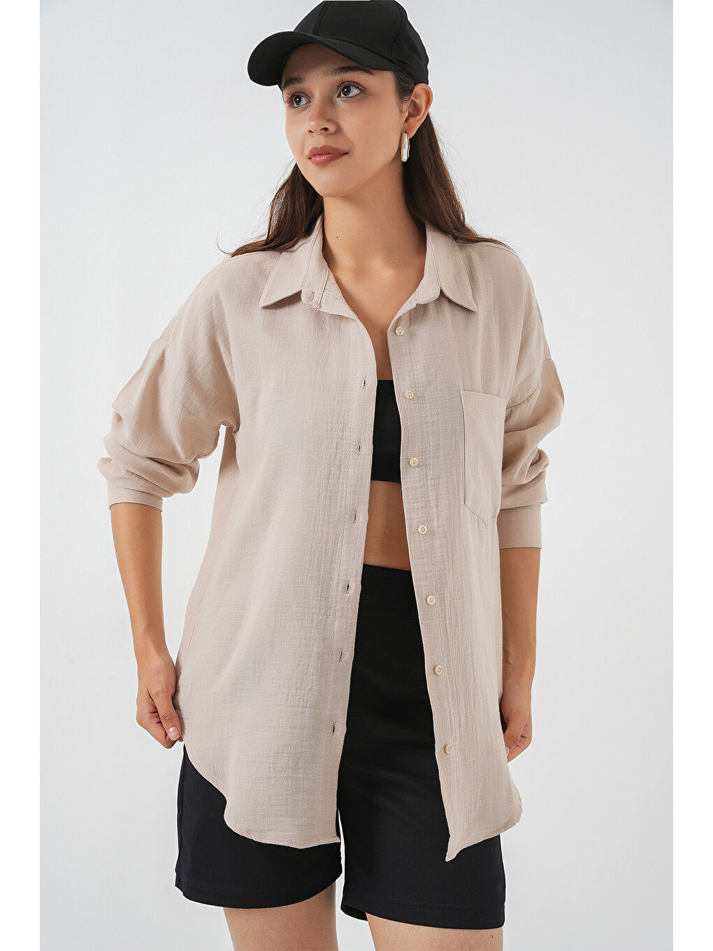 Bej Kadın Tek Cepli Oversize Müslin Gömlek 20353 - Taş-4
