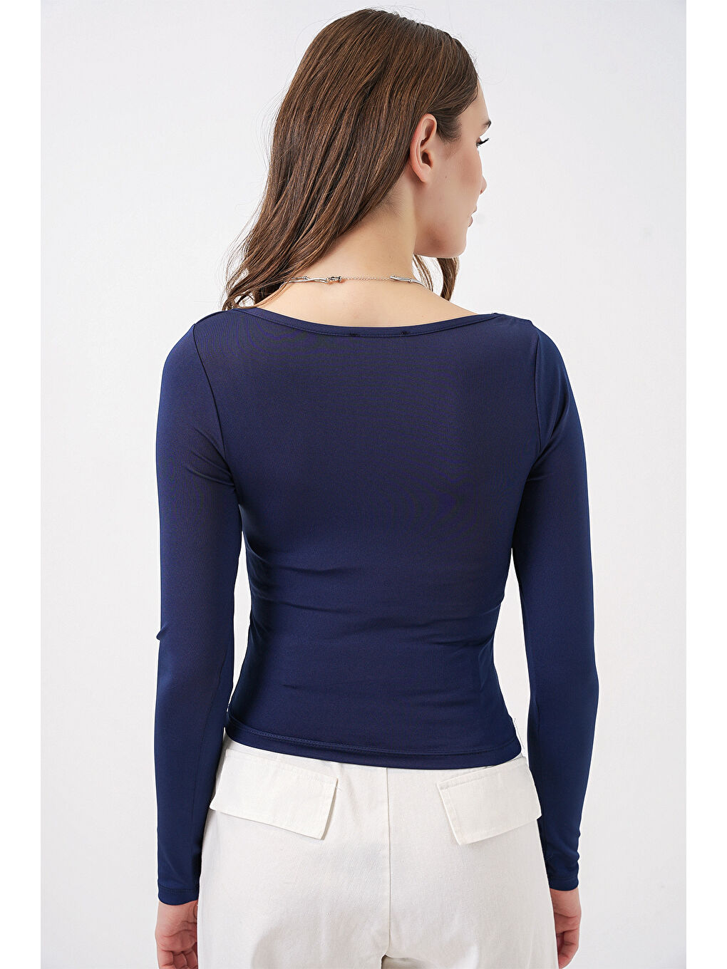 Kadın Kare Yaka Slim Fit Bluz 986 - Lacivert-4