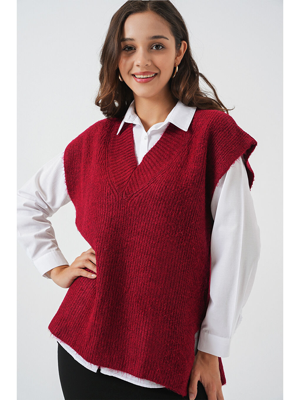 Kadın V Yaka Triko Süveter 15925 - Bordo-2