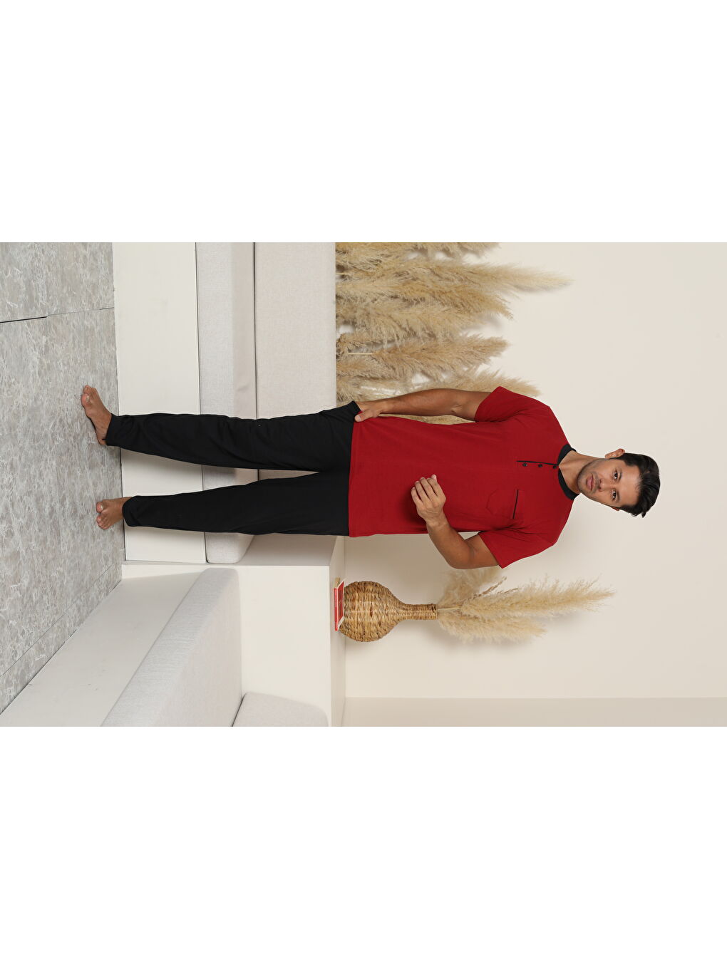 Erkek Bordo %100 Organik Doğal Pamuk Yüksek Kalite Düğmeli Kısa Kollu Pijama Takımı-3