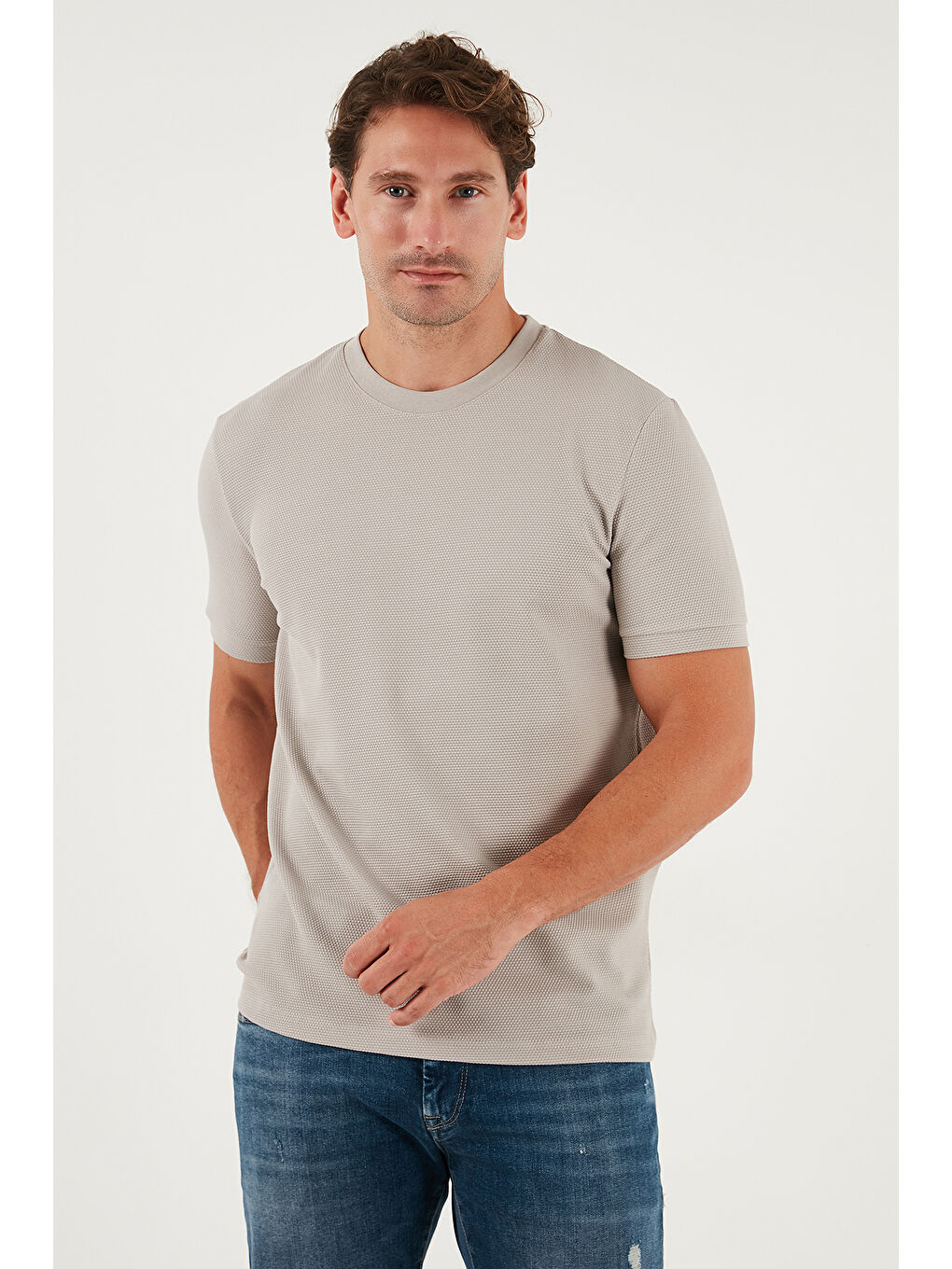 Bej Streç Pamuklu Slim Fit Sıfır Yaka Tişört 5902639-2