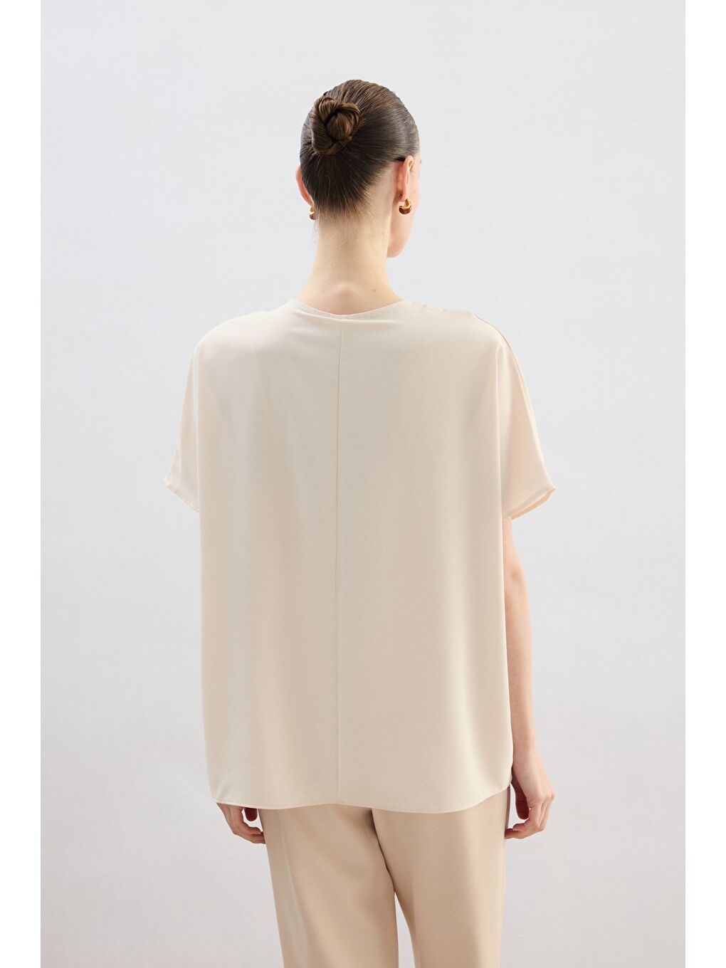 Geniş Kısa Kollu Bluz - Bej-4